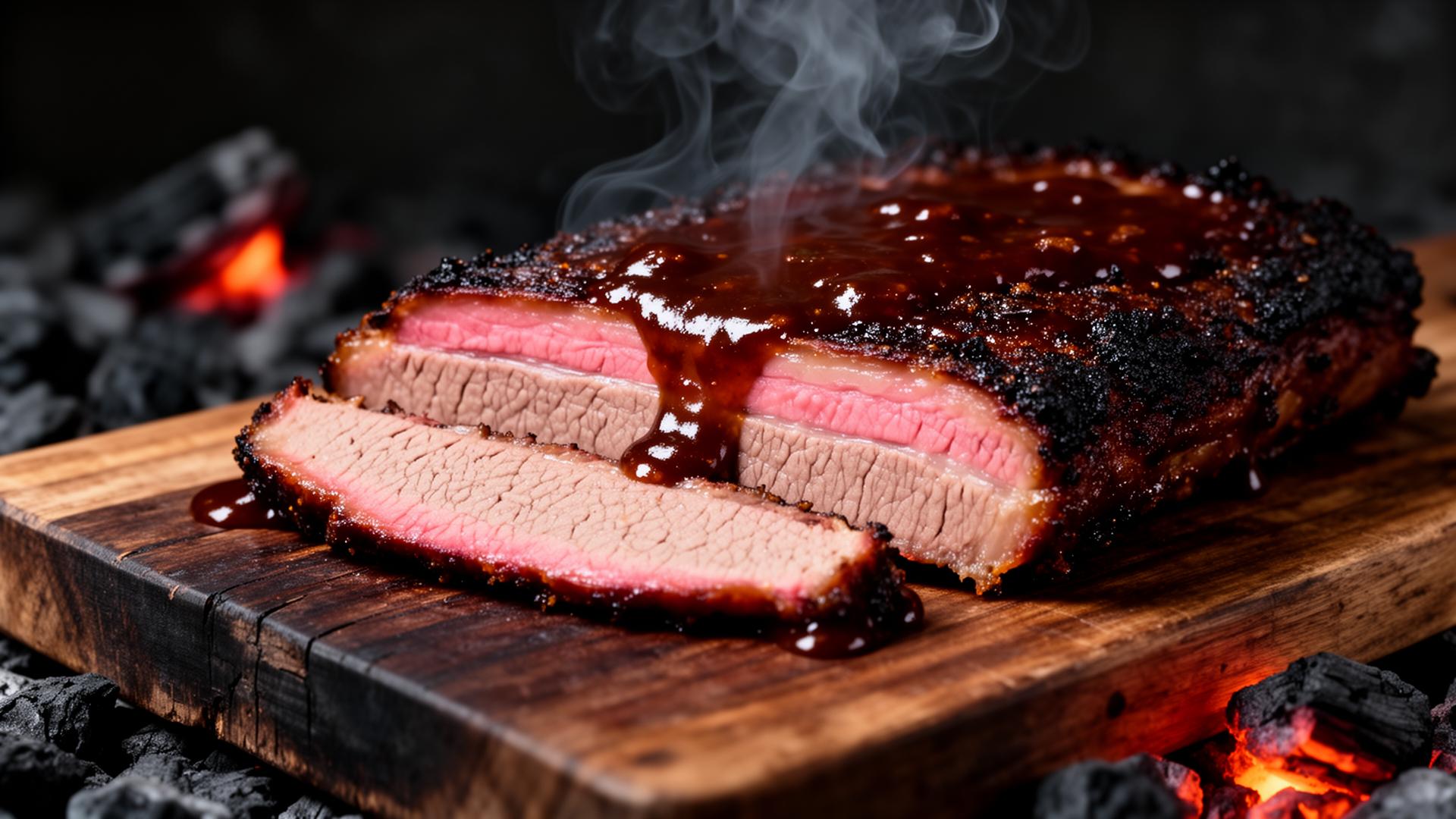 Sliced smoked beef brisket with smoke ring and barbecue sauce